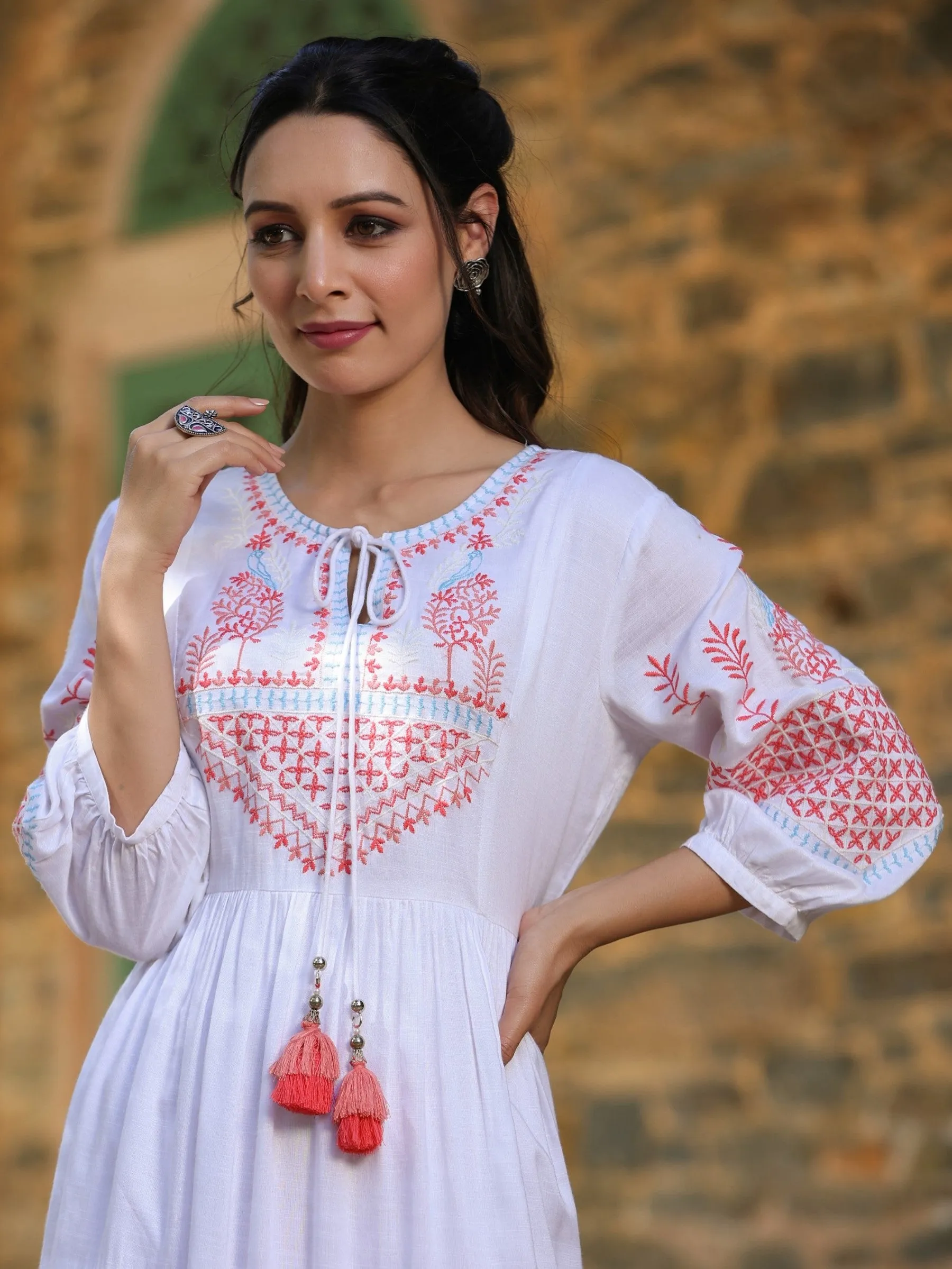 White Rayon Printed Flared Dress