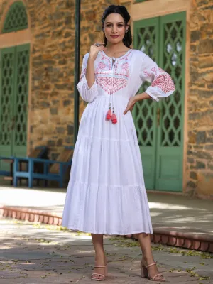White Rayon Printed Flared Dress