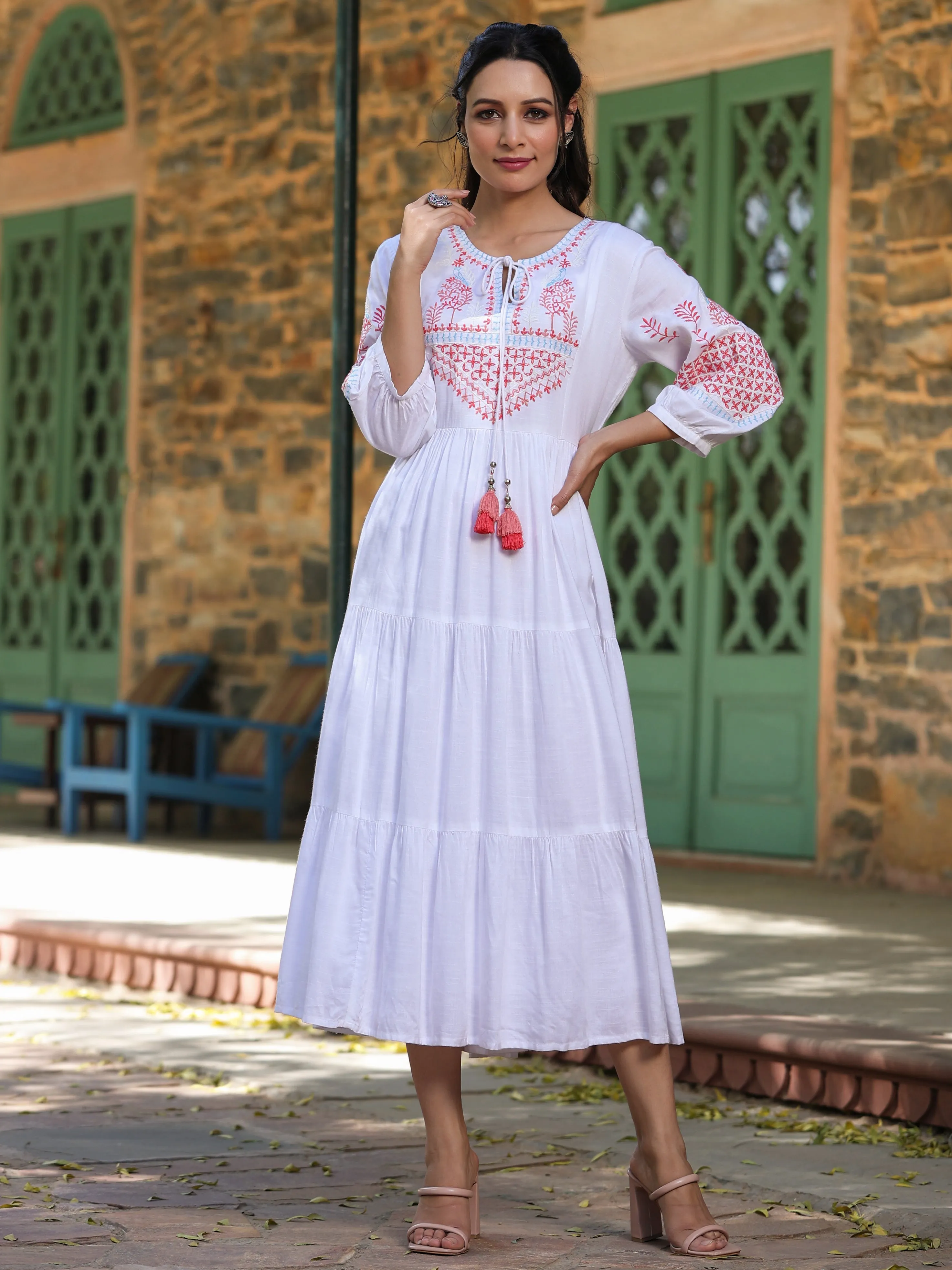 White Rayon Printed Flared Dress