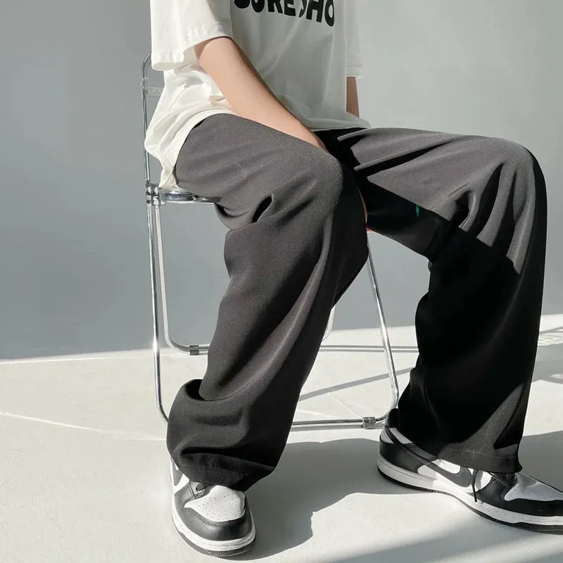 Wiaofellas  -  Men's drop ice silk pants summer thin Korean version casual mopping pants loose straight wide-leg pants black white grey blue
