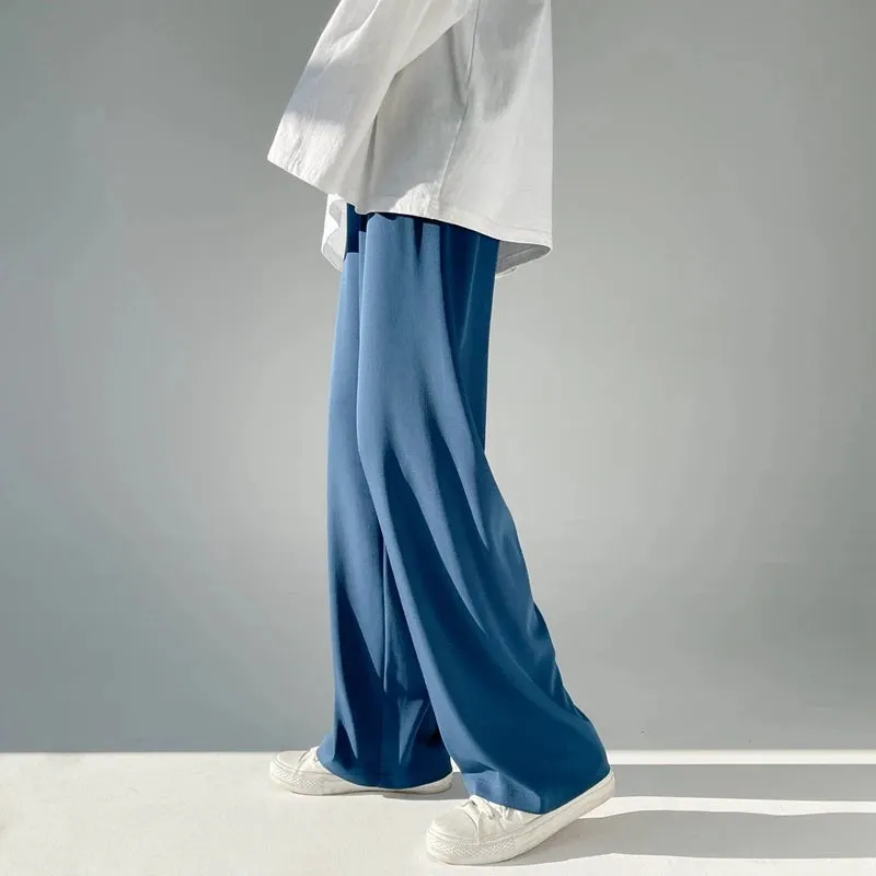 Wiaofellas  -  Men's drop ice silk pants summer thin Korean version casual mopping pants loose straight wide-leg pants black white grey blue