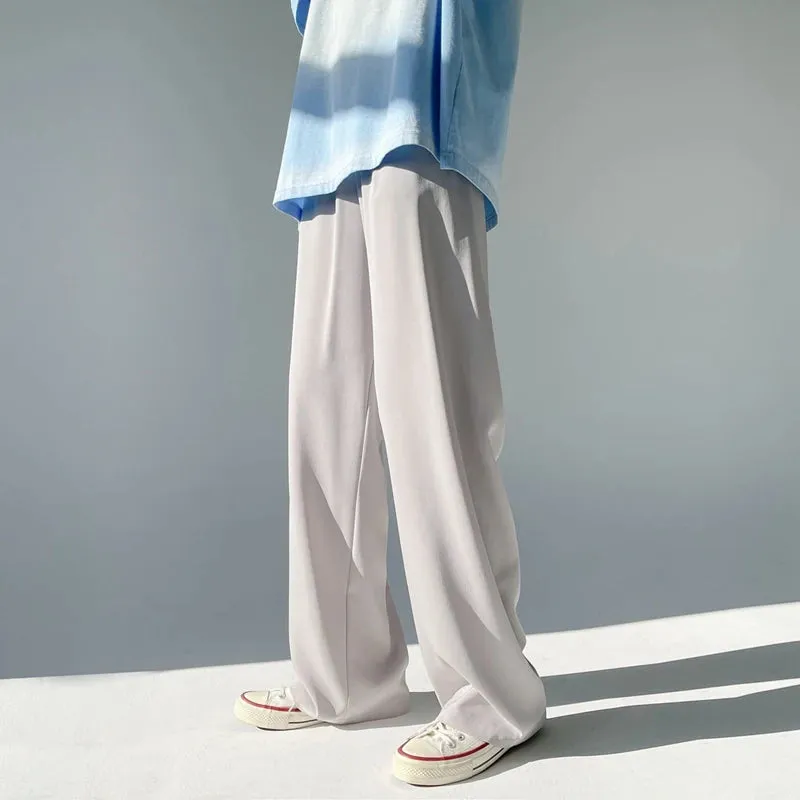 Wiaofellas  -  Men's drop ice silk pants summer thin Korean version casual mopping pants loose straight wide-leg pants black white grey blue
