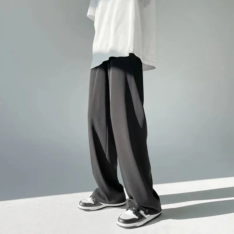 Wiaofellas  -  Men's drop ice silk pants summer thin Korean version casual mopping pants loose straight wide-leg pants black white grey blue
