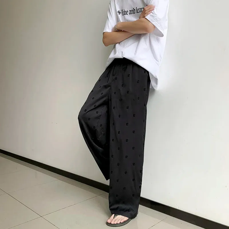 Wiaofellas  -  Summer Drape Ice Silk Casual Trousers Korean Style Fashion Letter Embroidered Loose Straight Wide Leg Mopping Pants 3XL