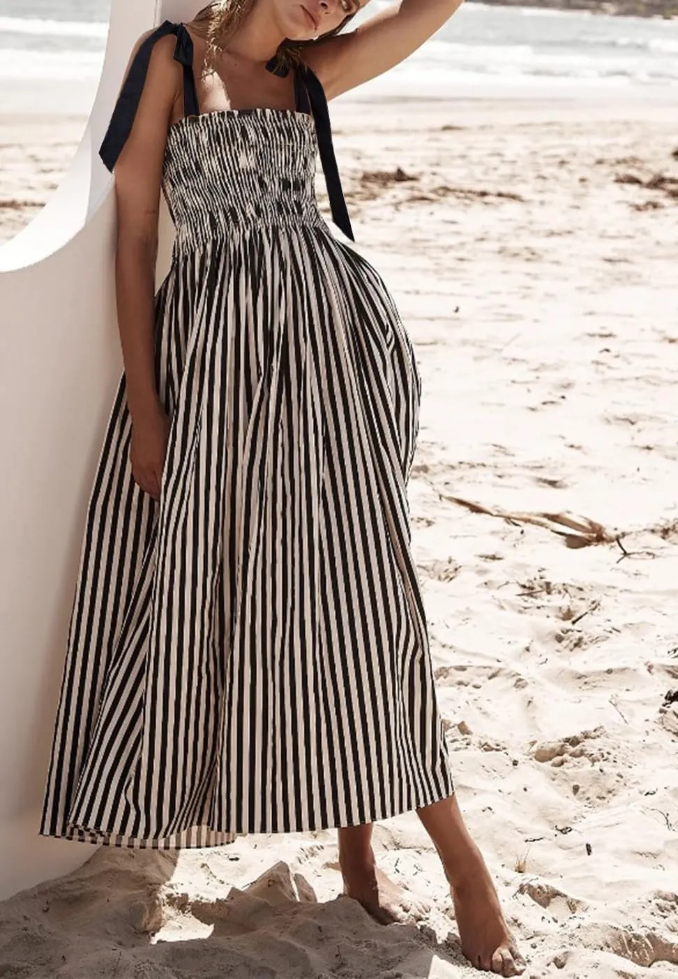 Women Boho Tie Shoulder Floral Maxi Dress Cute Smocked Flowy Long Dress Elegant Print Summer Vocation Tiered Sundress