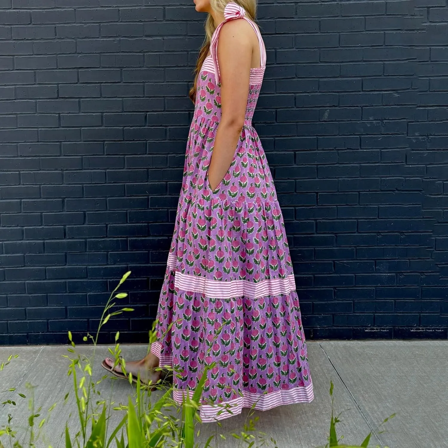 Women Boho Tie Shoulder Floral Maxi Dress Cute Smocked Flowy Long Dress Elegant Print Summer Vocation Tiered Sundress