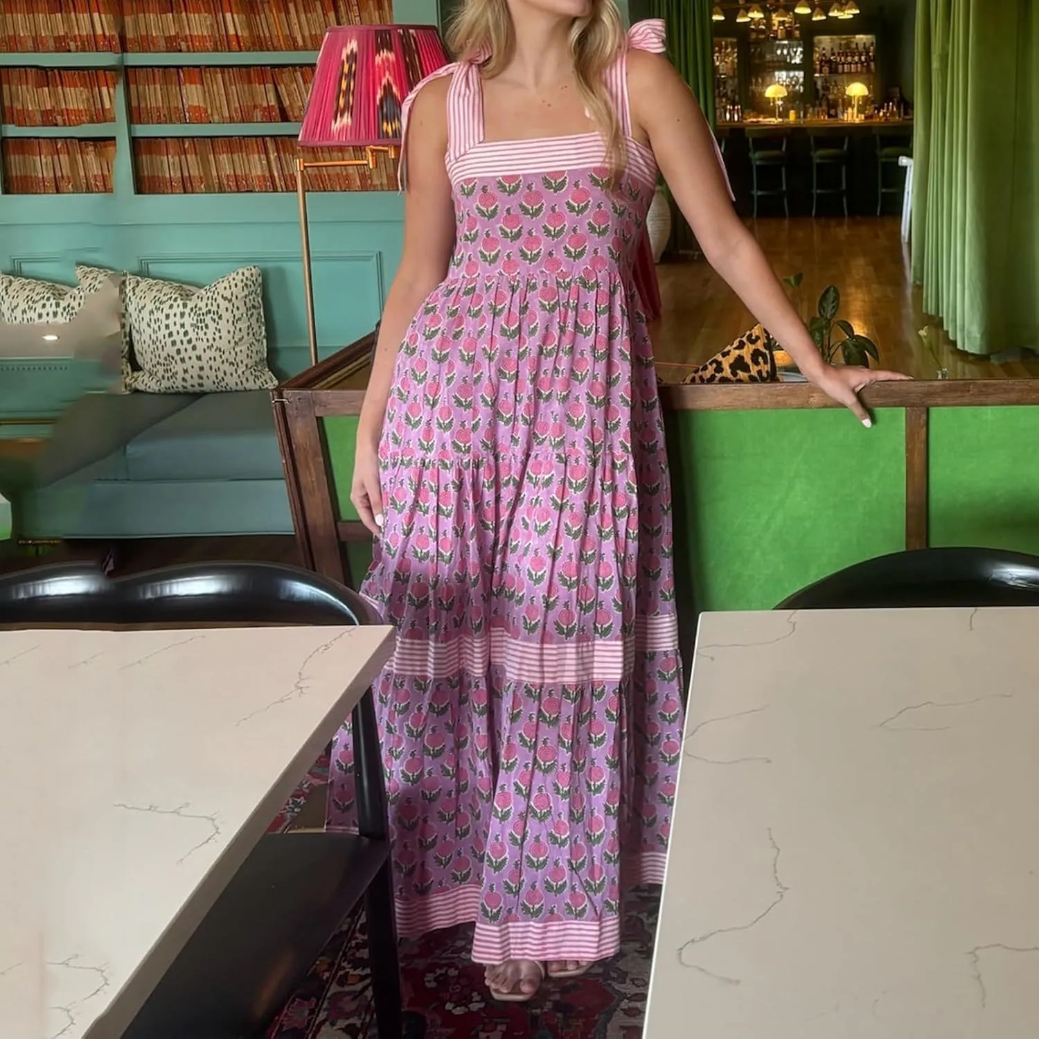 Women Boho Tie Shoulder Floral Maxi Dress Cute Smocked Flowy Long Dress Elegant Print Summer Vocation Tiered Sundress