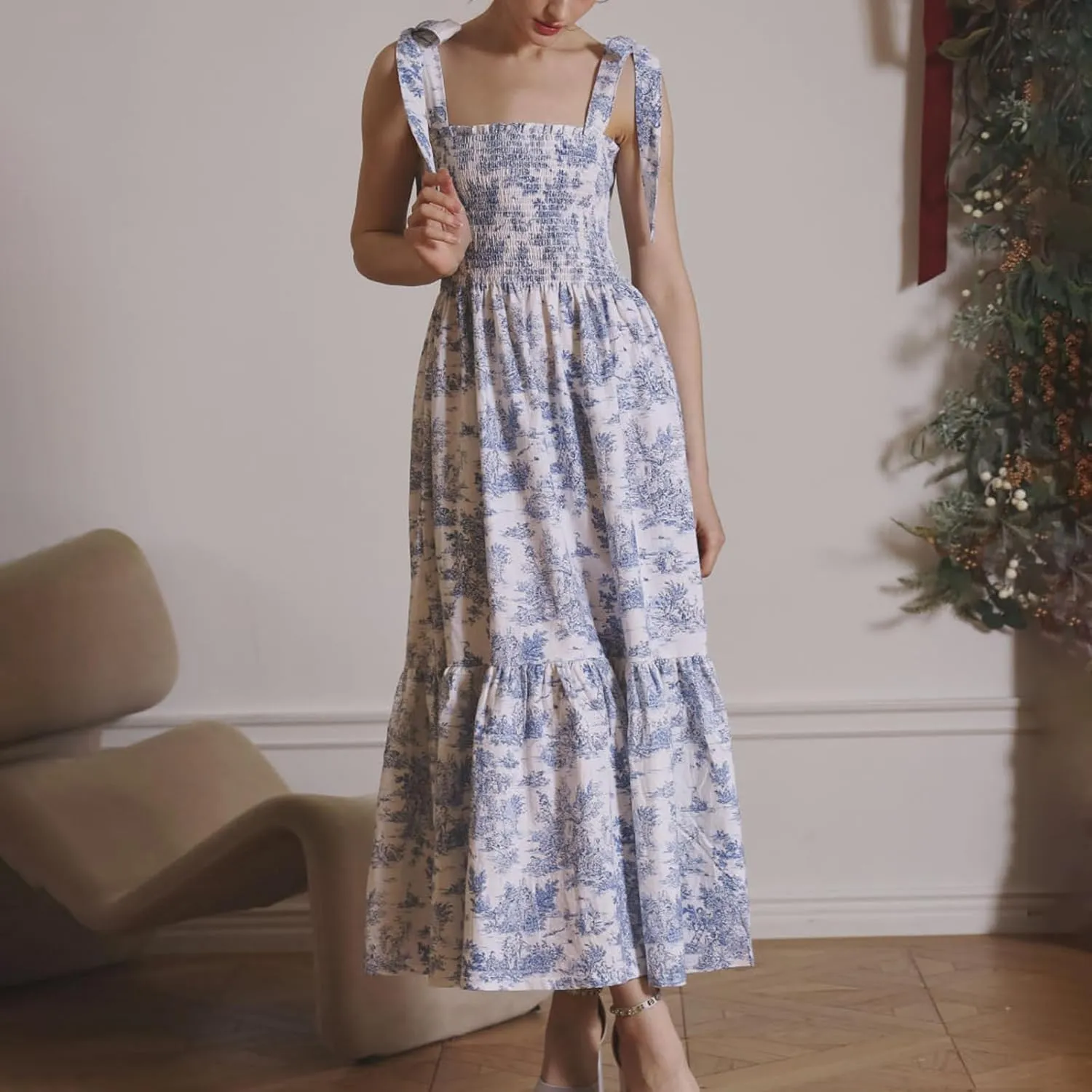 Women Boho Tie Shoulder Floral Maxi Dress Cute Smocked Flowy Long Dress Elegant Print Summer Vocation Tiered Sundress