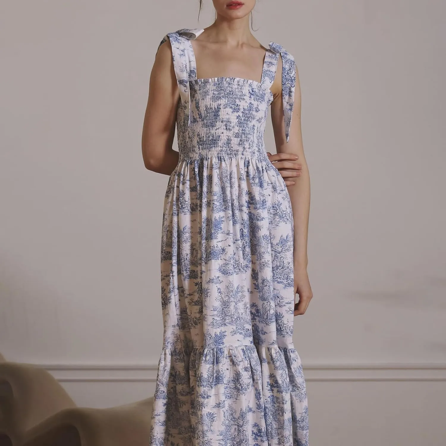 Women Boho Tie Shoulder Floral Maxi Dress Cute Smocked Flowy Long Dress Elegant Print Summer Vocation Tiered Sundress