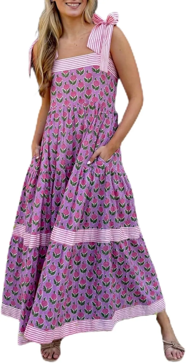 Women Boho Tie Shoulder Floral Maxi Dress Cute Smocked Flowy Long Dress Elegant Print Summer Vocation Tiered Sundress