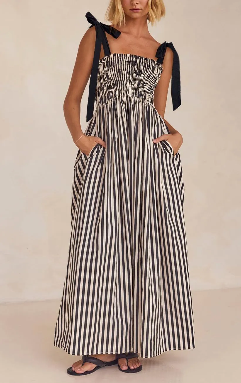 Women Boho Tie Shoulder Floral Maxi Dress Cute Smocked Flowy Long Dress Elegant Print Summer Vocation Tiered Sundress