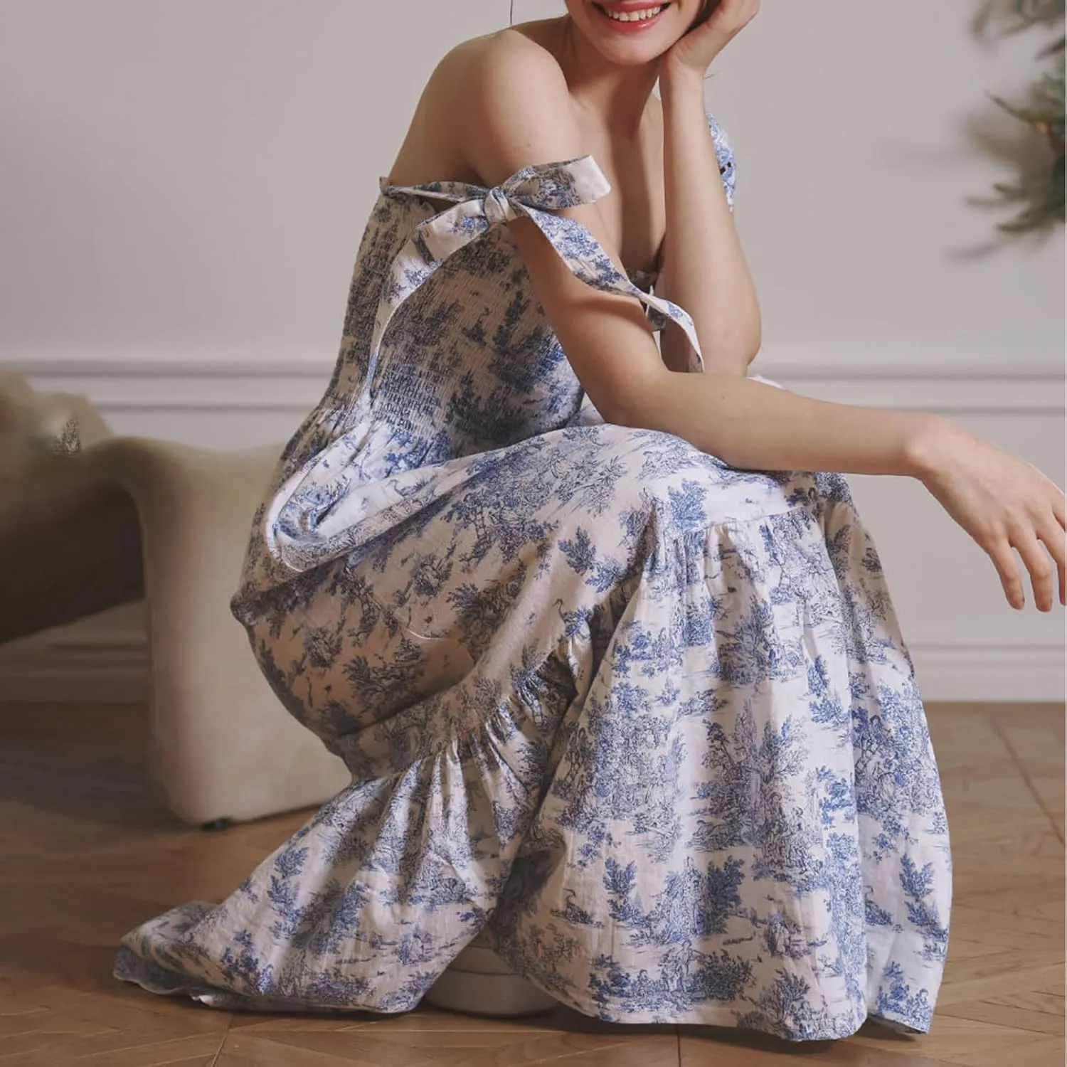Women Boho Tie Shoulder Floral Maxi Dress Cute Smocked Flowy Long Dress Elegant Print Summer Vocation Tiered Sundress