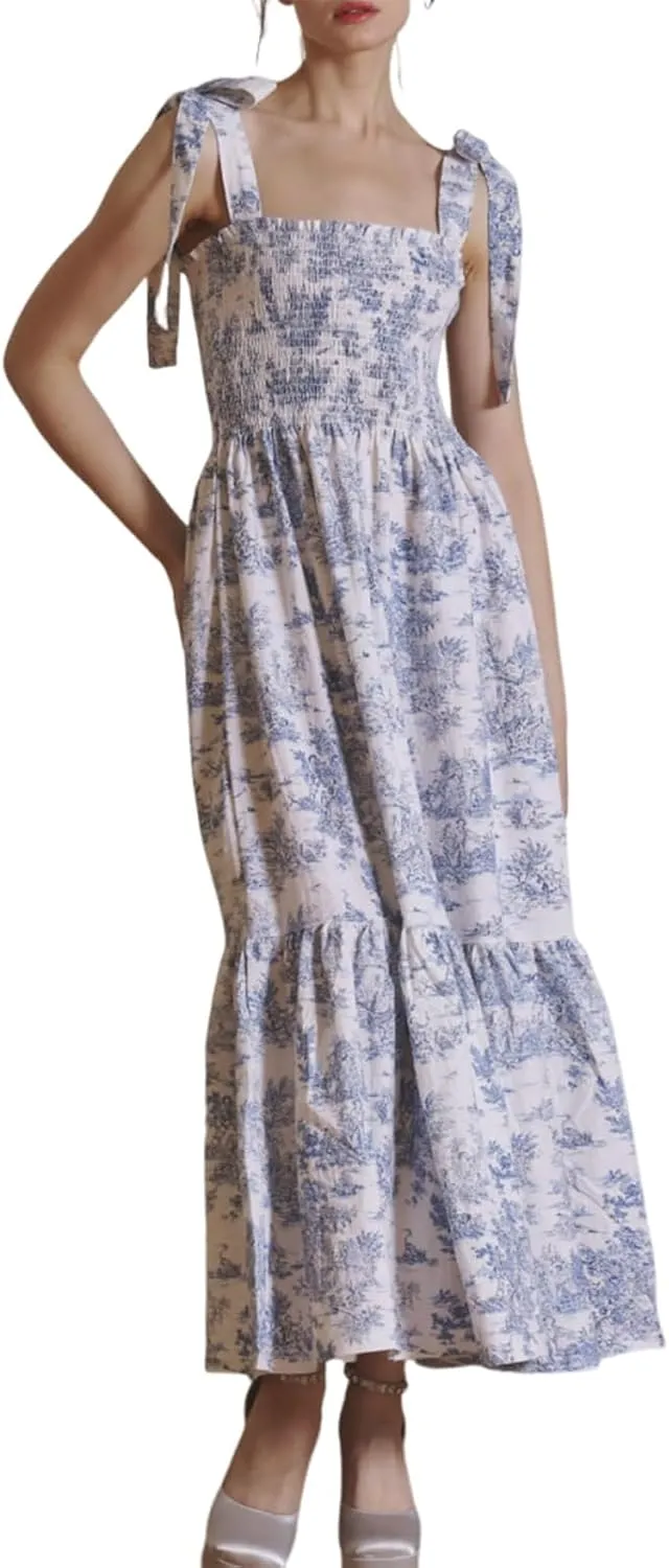 Women Boho Tie Shoulder Floral Maxi Dress Cute Smocked Flowy Long Dress Elegant Print Summer Vocation Tiered Sundress