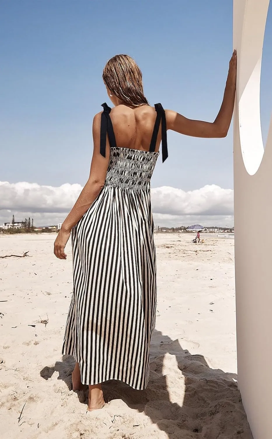 Women Boho Tie Shoulder Floral Maxi Dress Cute Smocked Flowy Long Dress Elegant Print Summer Vocation Tiered Sundress