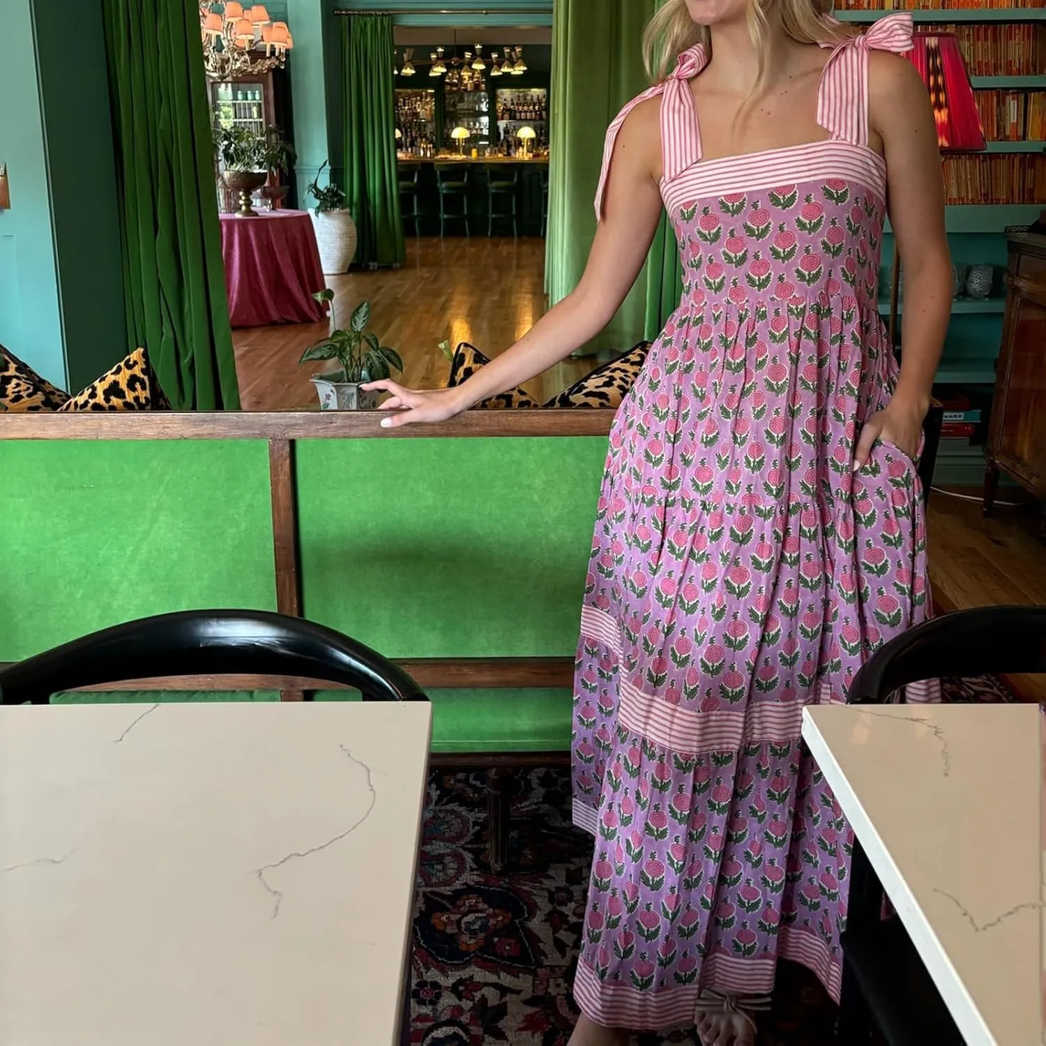 Women Boho Tie Shoulder Floral Maxi Dress Cute Smocked Flowy Long Dress Elegant Print Summer Vocation Tiered Sundress
