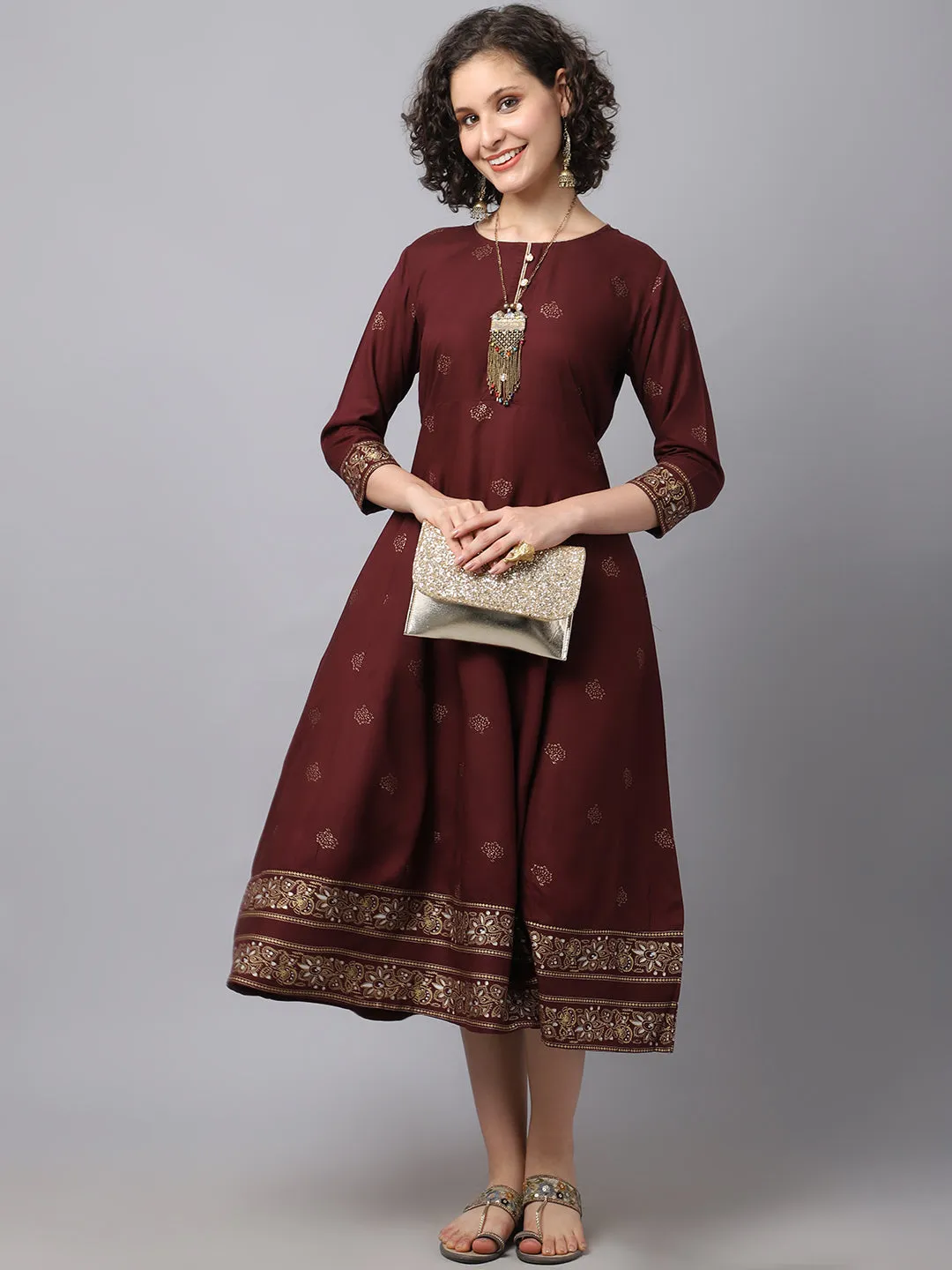 Women Maroon Ethnic Motifs Printed Kurta Dress