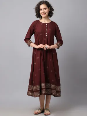 Women Maroon Ethnic Motifs Printed Kurta Dress