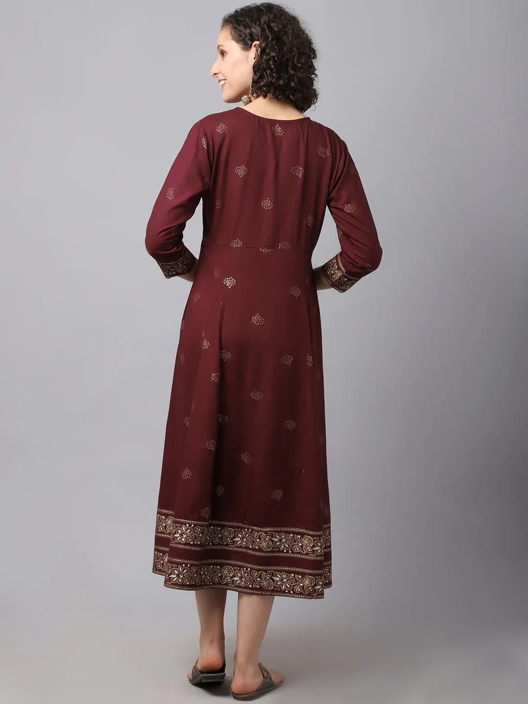 Women Maroon Ethnic Motifs Printed Kurta Dress