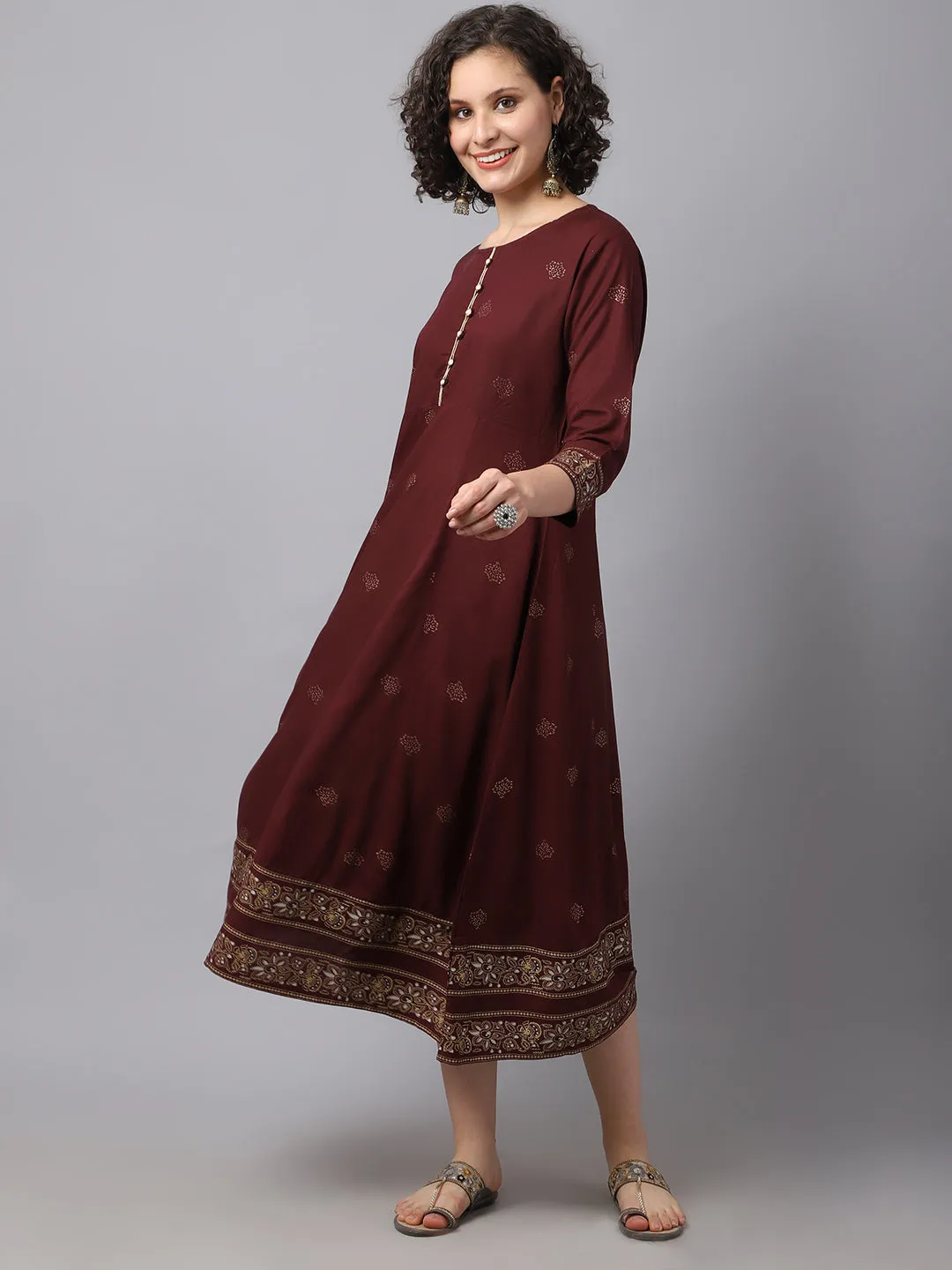 Women Maroon Ethnic Motifs Printed Kurta Dress