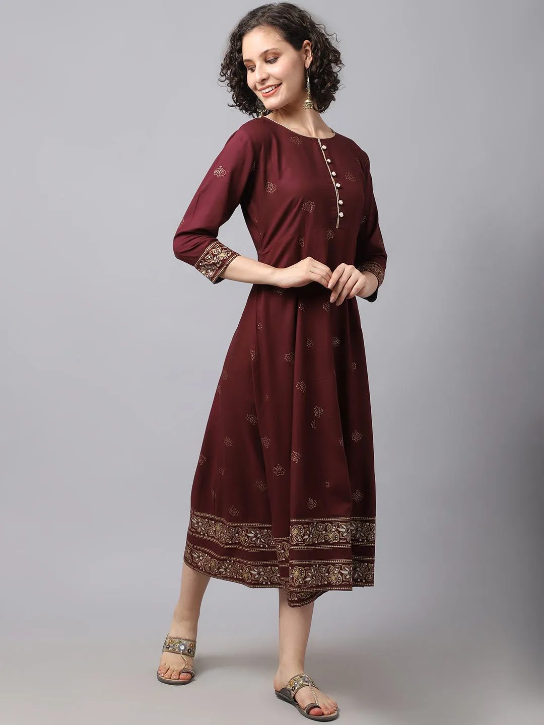 Women Maroon Ethnic Motifs Printed Kurta Dress