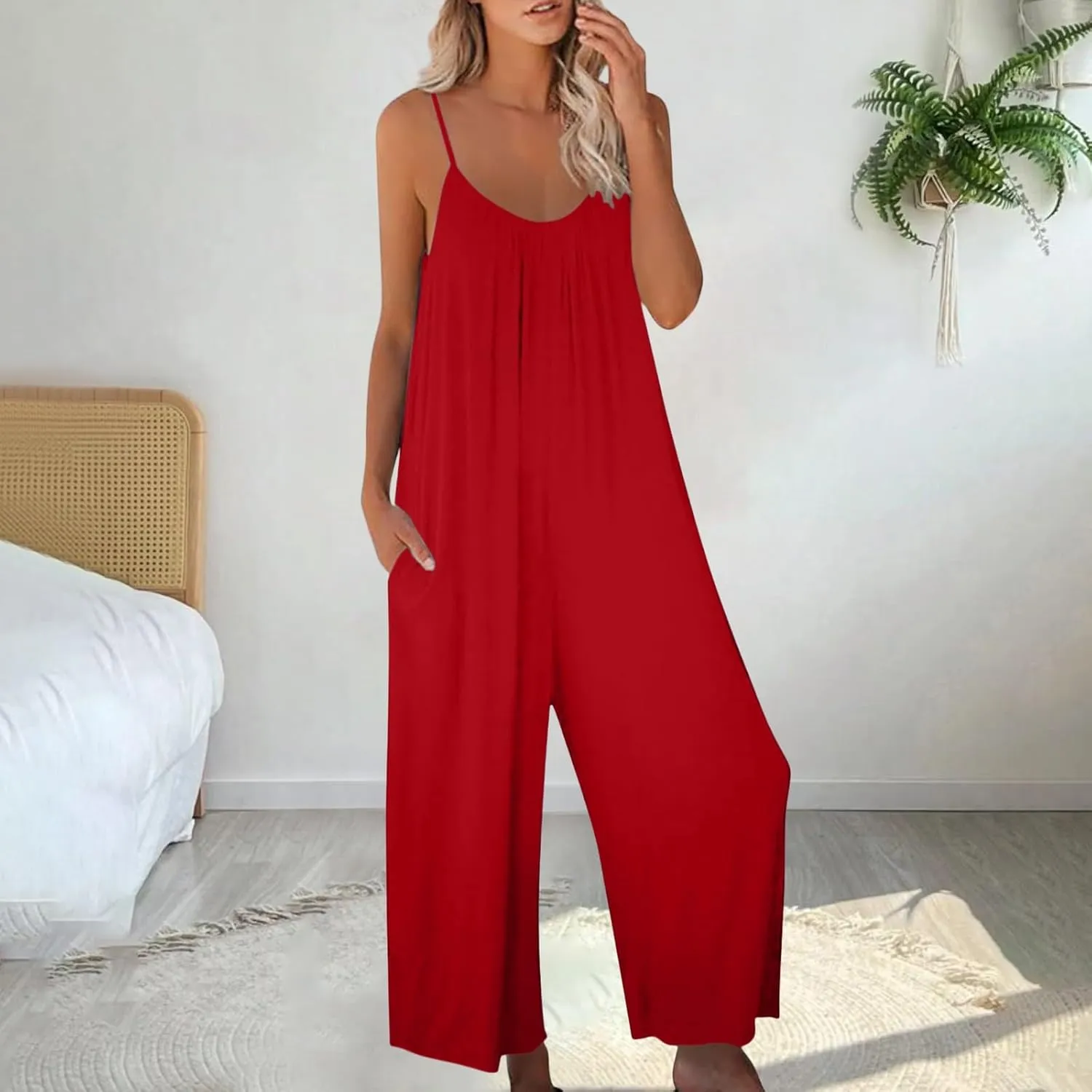 Women Summer Casual Sleeveless Spaghetti Strap Boho Wide Leg Jumpsuits Rompers Dressy 2025 Trendy Outfits Clothes