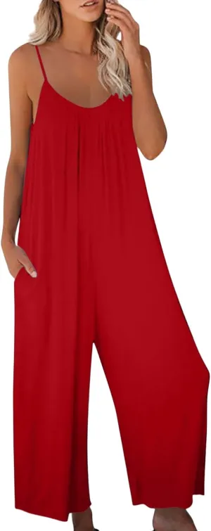 Women Summer Casual Sleeveless Spaghetti Strap Boho Wide Leg Jumpsuits Rompers Dressy 2025 Trendy Outfits Clothes