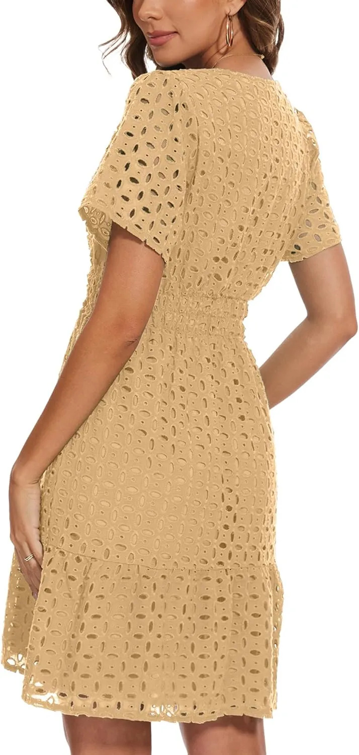 Women Summer Eyelet Lace Dress Casual V Neck Mini A Line Hollow Out Embroidered Formal Dress Sundresses