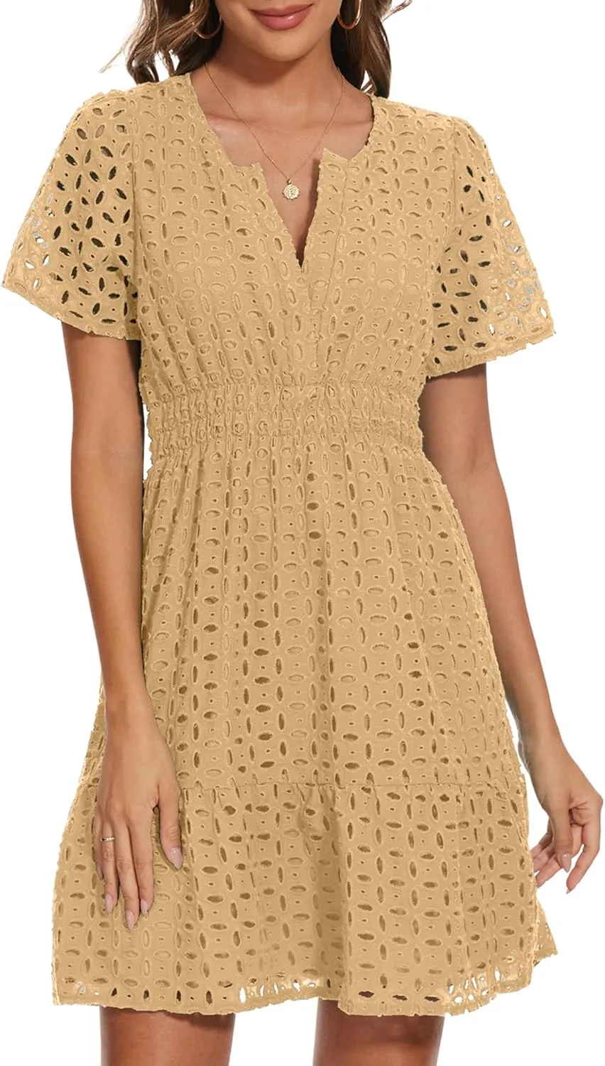 Women Summer Eyelet Lace Dress Casual V Neck Mini A Line Hollow Out Embroidered Formal Dress Sundresses