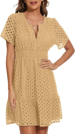 Women Summer Eyelet Lace Dress Casual V Neck Mini A Line Hollow Out Embroidered Formal Dress Sundresses