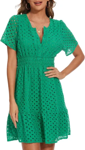 Women Summer Eyelet Lace Dress Casual V Neck Mini A Line Hollow Out Embroidered Formal Dress Sundresses