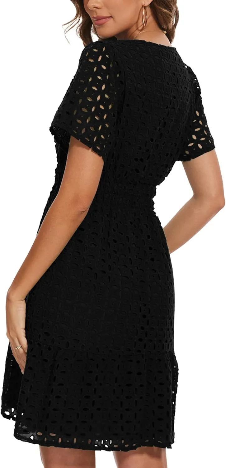 Women Summer Eyelet Lace Dress Casual V Neck Mini A Line Hollow Out Embroidered Formal Dress Sundresses