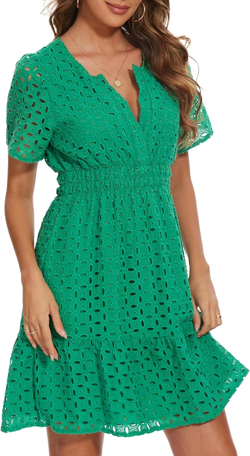 Women Summer Eyelet Lace Dress Casual V Neck Mini A Line Hollow Out Embroidered Formal Dress Sundresses