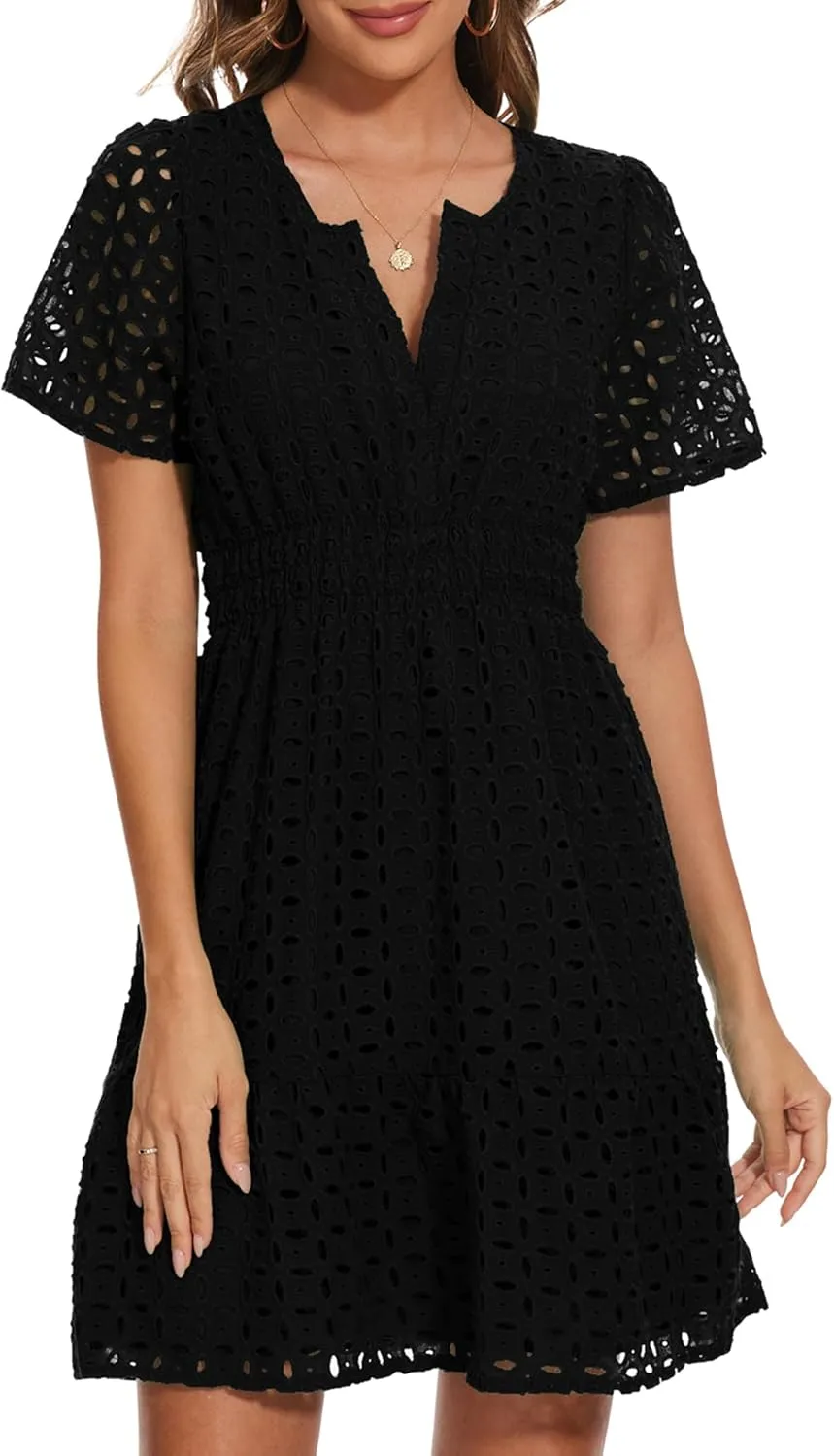 Women Summer Eyelet Lace Dress Casual V Neck Mini A Line Hollow Out Embroidered Formal Dress Sundresses