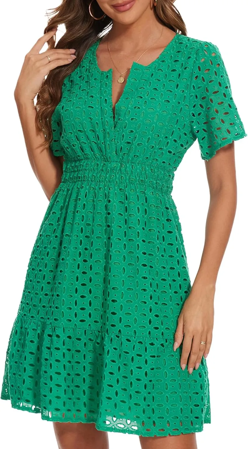 Women Summer Eyelet Lace Dress Casual V Neck Mini A Line Hollow Out Embroidered Formal Dress Sundresses