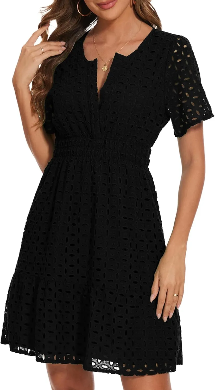 Women Summer Eyelet Lace Dress Casual V Neck Mini A Line Hollow Out Embroidered Formal Dress Sundresses