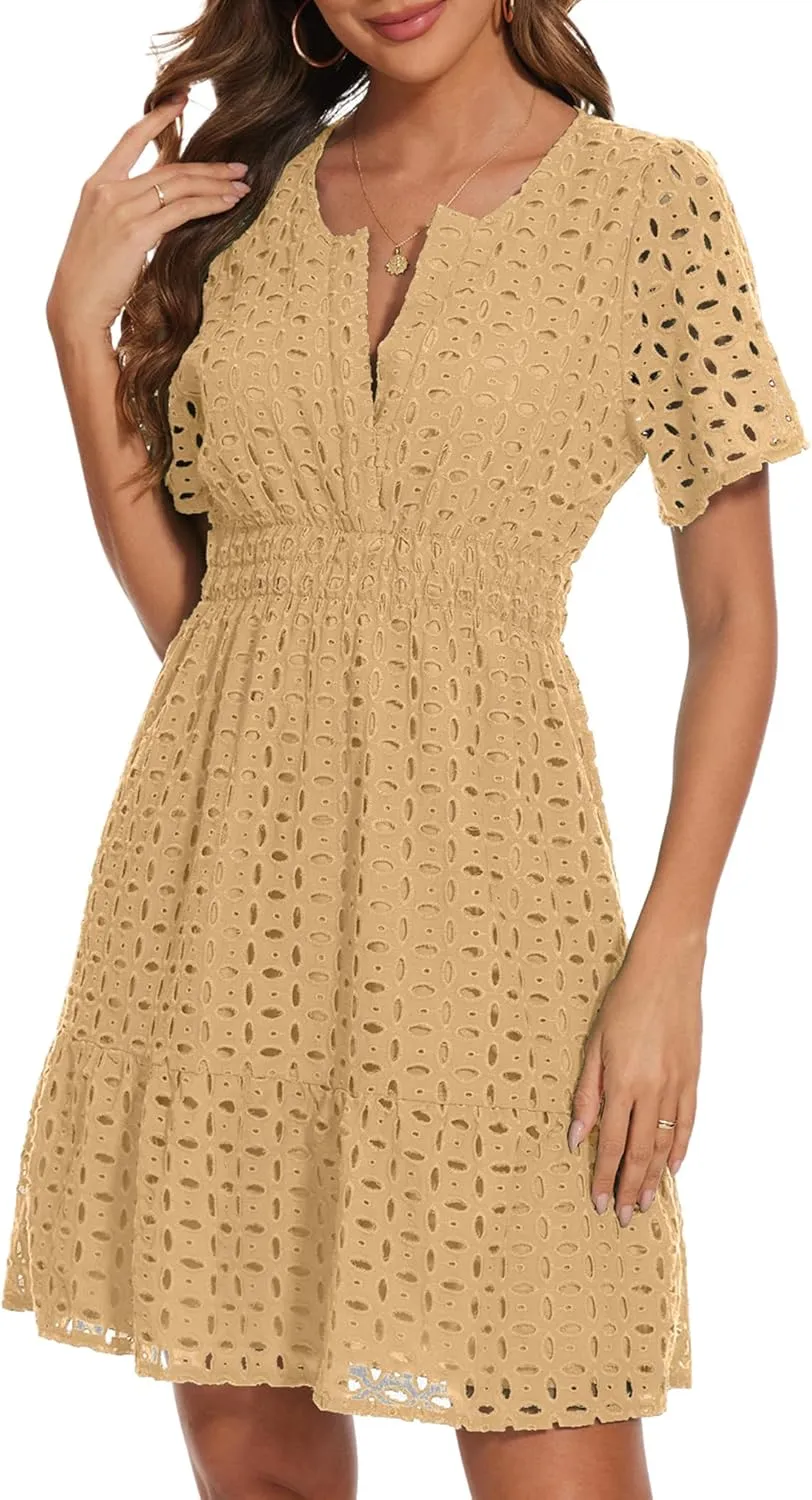 Women Summer Eyelet Lace Dress Casual V Neck Mini A Line Hollow Out Embroidered Formal Dress Sundresses