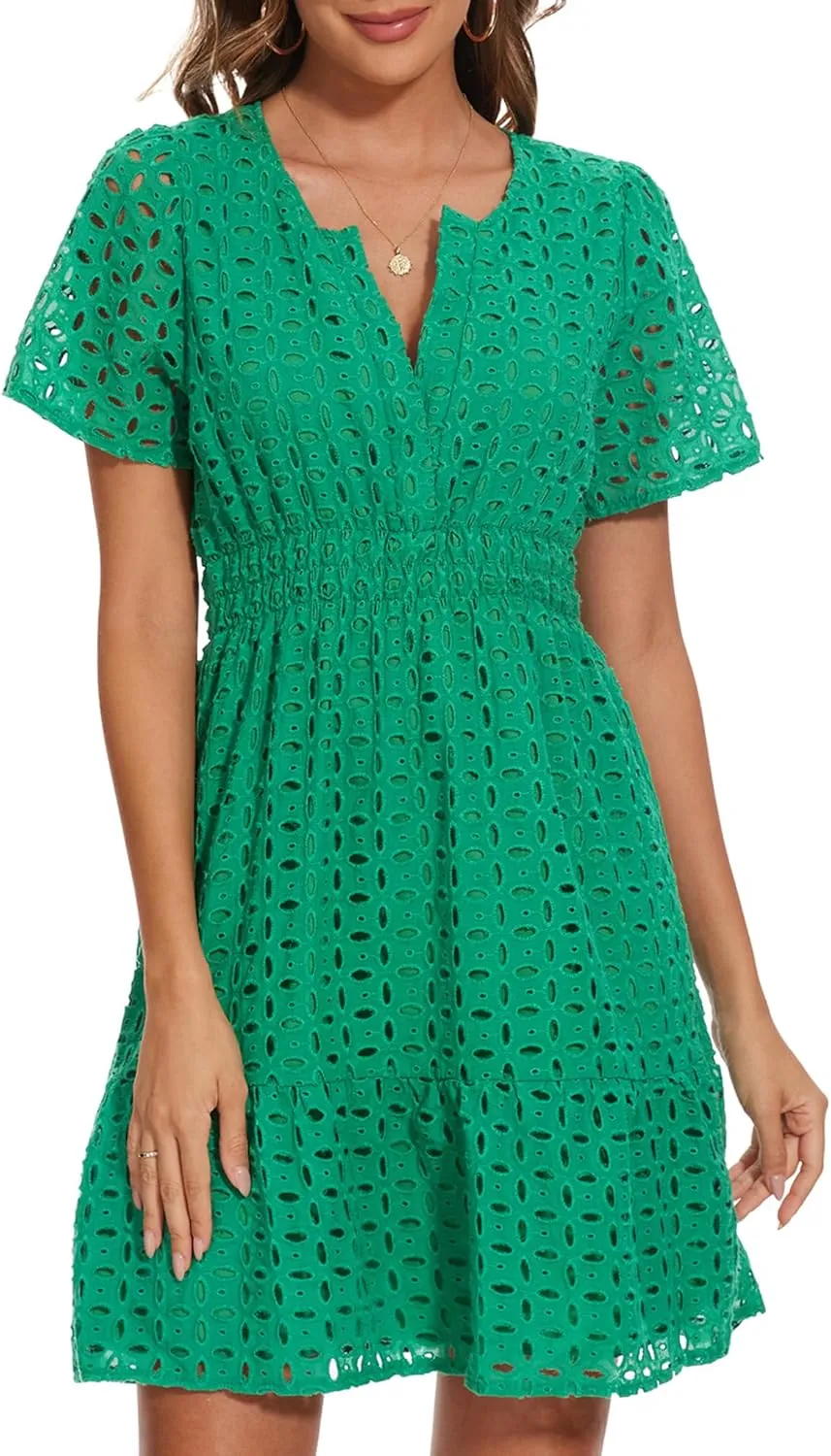Women Summer Eyelet Lace Dress Casual V Neck Mini A Line Hollow Out Embroidered Formal Dress Sundresses