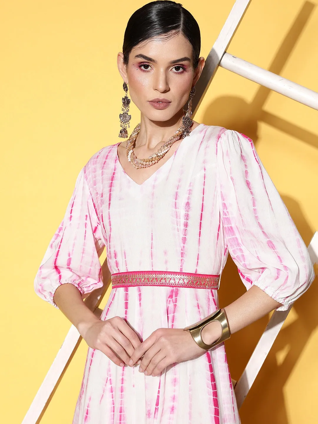 Women White And Pink Viscose Rayon Dress