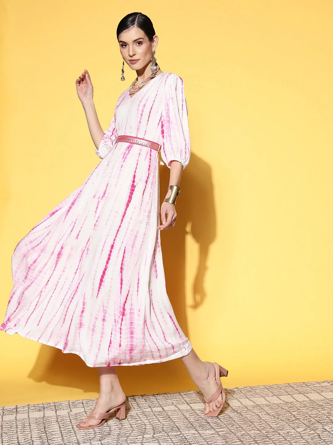 Women White And Pink Viscose Rayon Dress