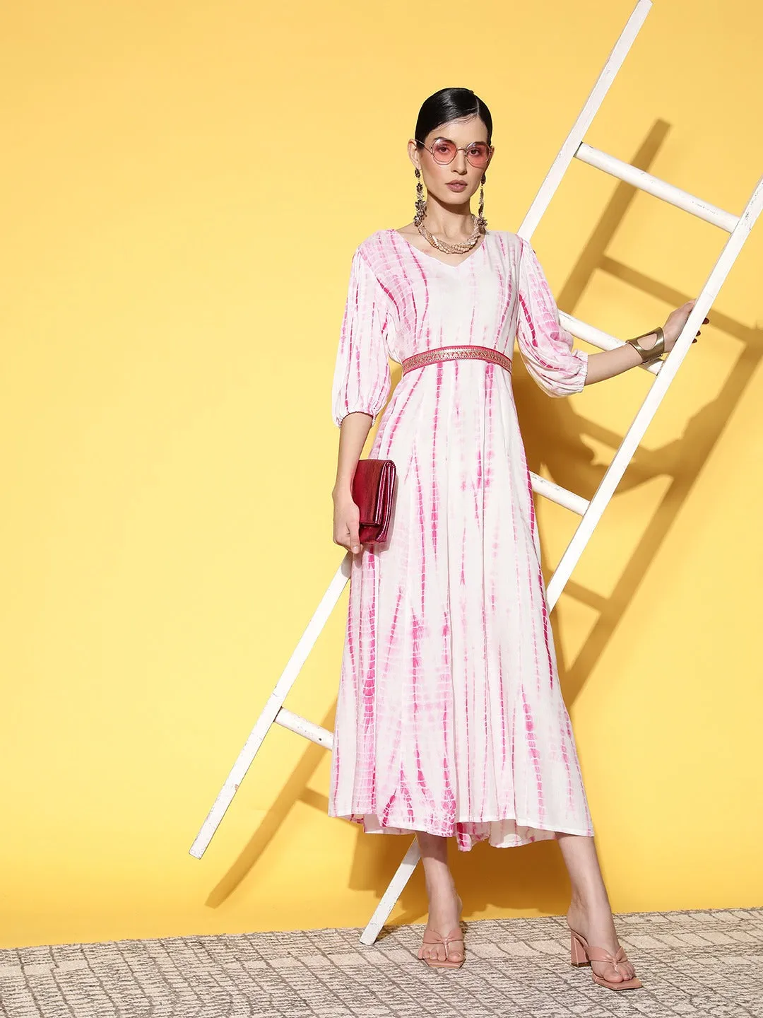 Women White And Pink Viscose Rayon Dress