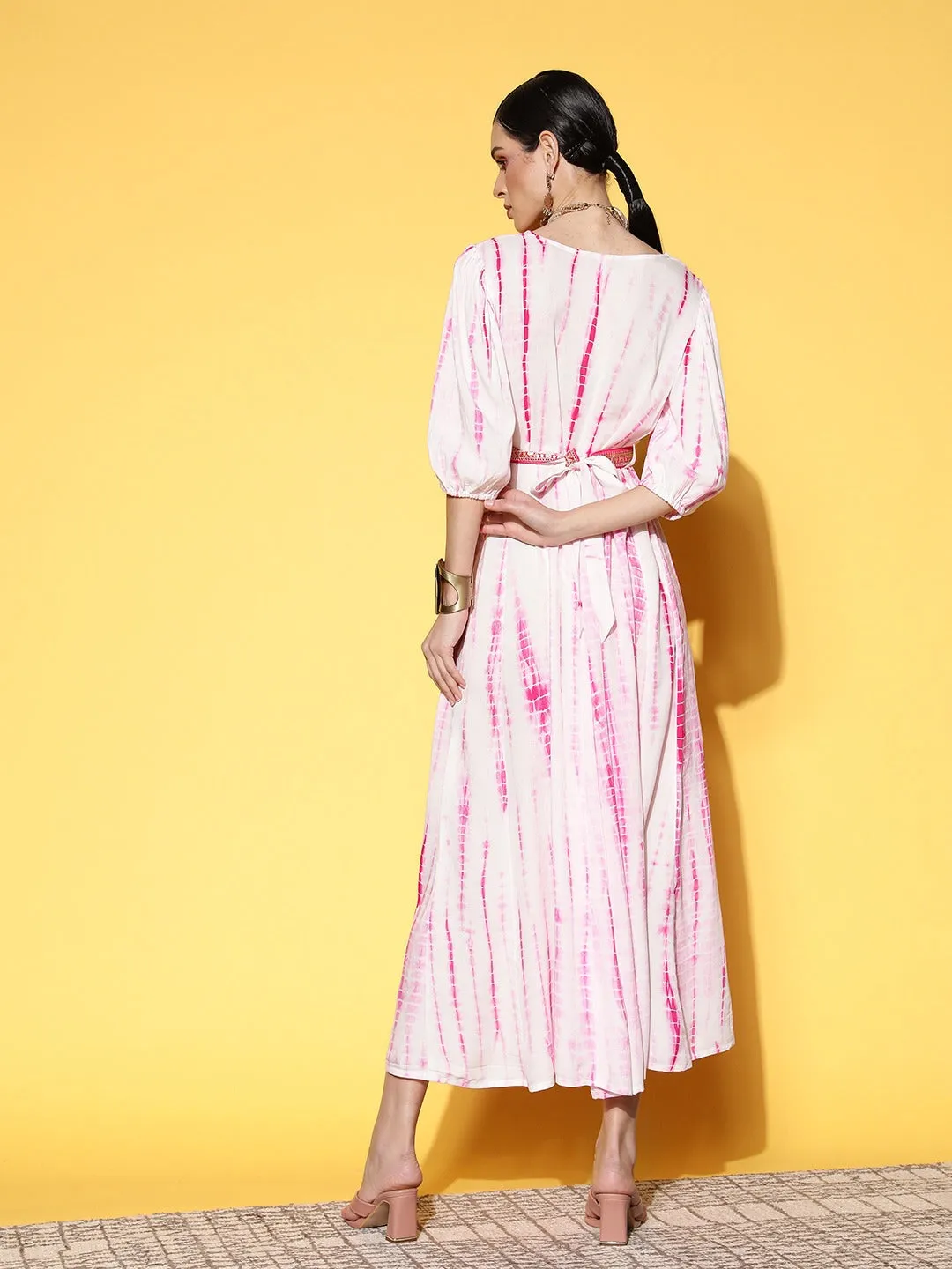 Women White And Pink Viscose Rayon Dress