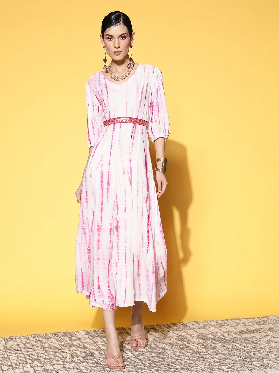 Women White And Pink Viscose Rayon Dress