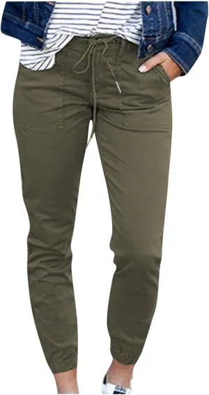 Womens Dressy Casual Slim Fit Tapered Cargo Pants Skinny High Waist Lightweight Pull On Pants with Pockets for Work