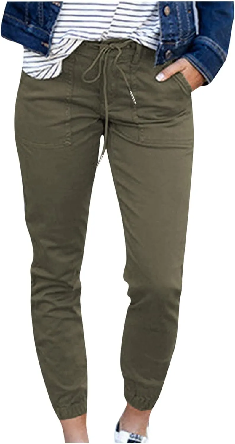 Womens Dressy Casual Slim Fit Tapered Cargo Pants Skinny High Waist Lightweight Pull On Pants with Pockets for Work