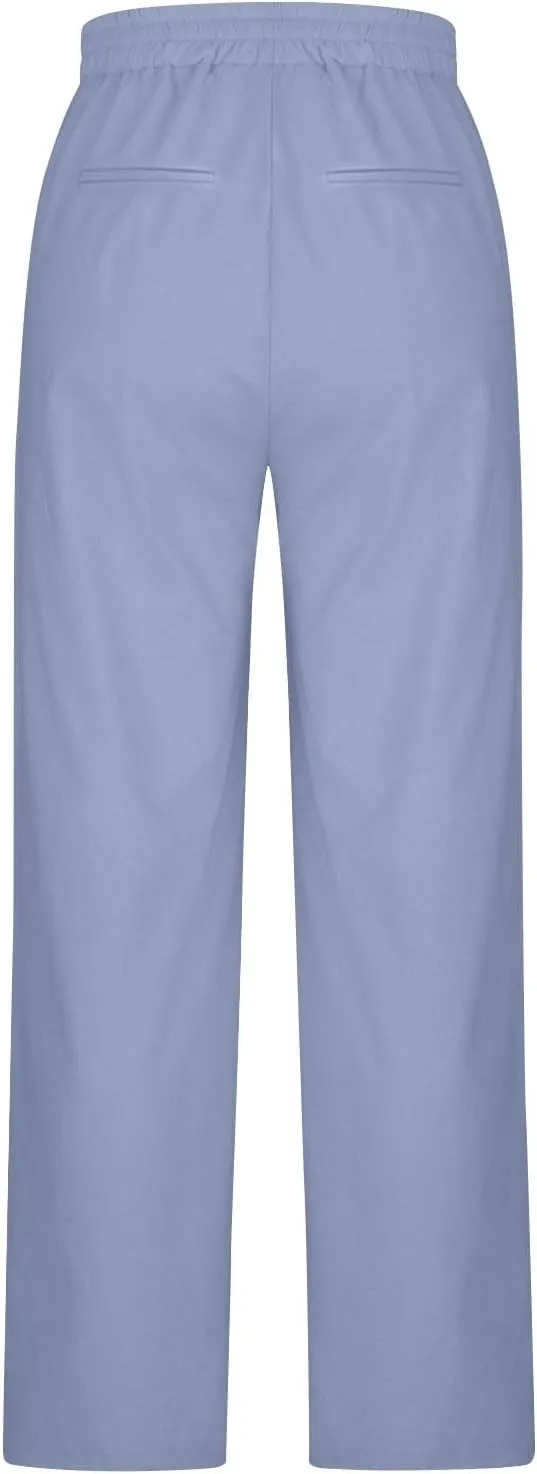 Womens Palazzo Pants Casual Flowy Linen Wide Leg Pants Drawstring Elastic Waisted Summer Beach Trousers with Pockets