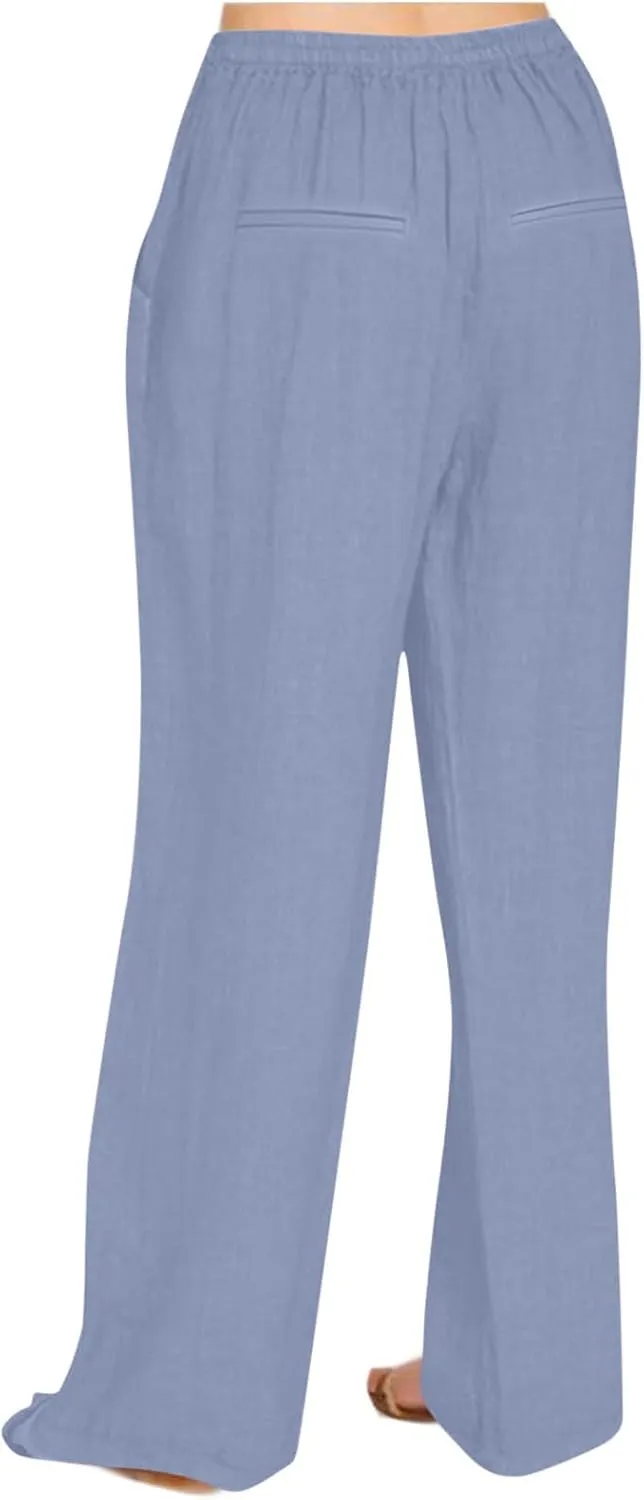 Womens Palazzo Pants Casual Flowy Linen Wide Leg Pants Drawstring Elastic Waisted Summer Beach Trousers with Pockets
