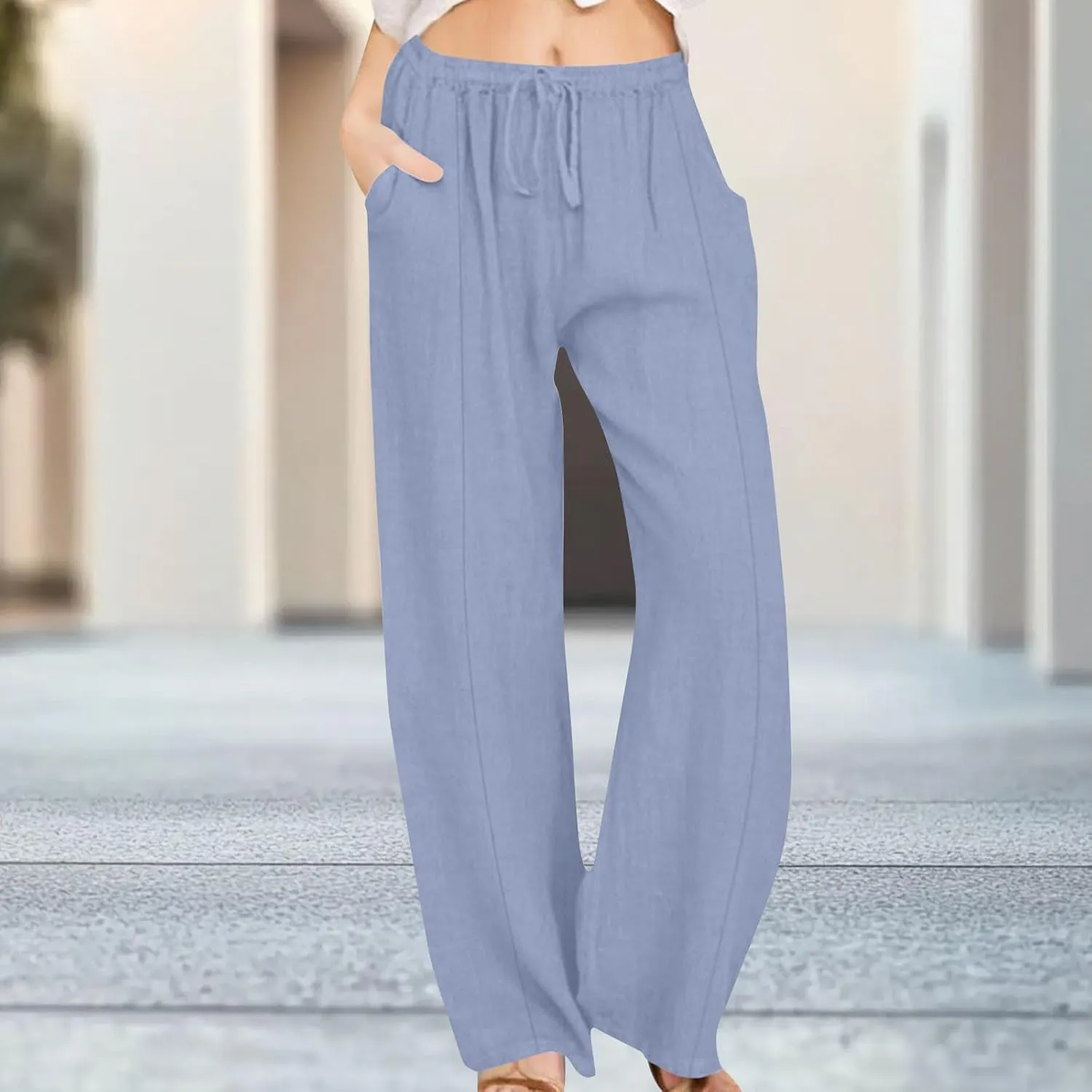 Womens Palazzo Pants Casual Flowy Linen Wide Leg Pants Drawstring Elastic Waisted Summer Beach Trousers with Pockets
