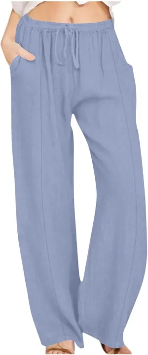 Womens Palazzo Pants Casual Flowy Linen Wide Leg Pants Drawstring Elastic Waisted Summer Beach Trousers with Pockets