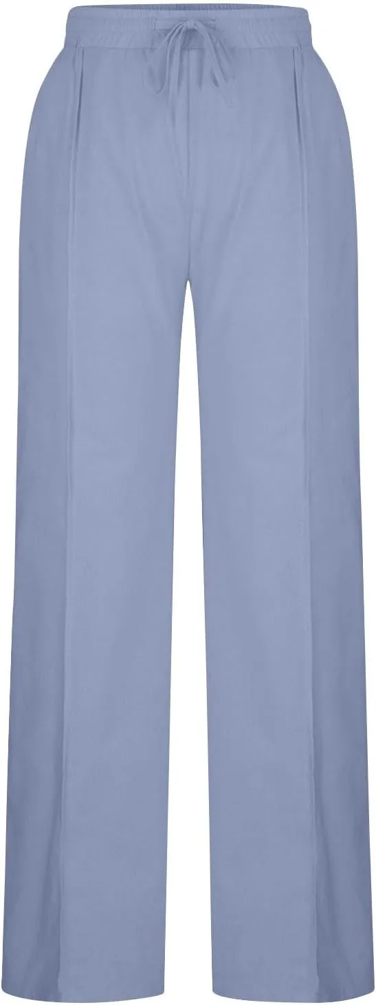 Womens Palazzo Pants Casual Flowy Linen Wide Leg Pants Drawstring Elastic Waisted Summer Beach Trousers with Pockets