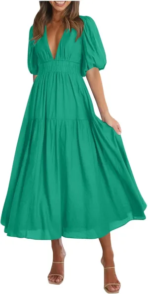 Womens Puff Sleeve Maxi Dress Summer Deep V Neck Casual Flowy Midi Dress Sexy Elastic High Waist A Line Midi Dresses